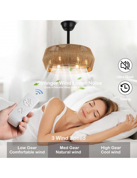 Oaks Aura 18" Rattan Hemp Drum Style Boho Caged Ceiling Fan with Lights and Remote Control