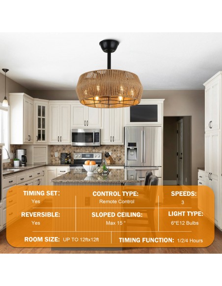 Oaks Aura 18" Rattan Hemp Drum Style Boho Caged Ceiling Fan with Lights and Remote Control