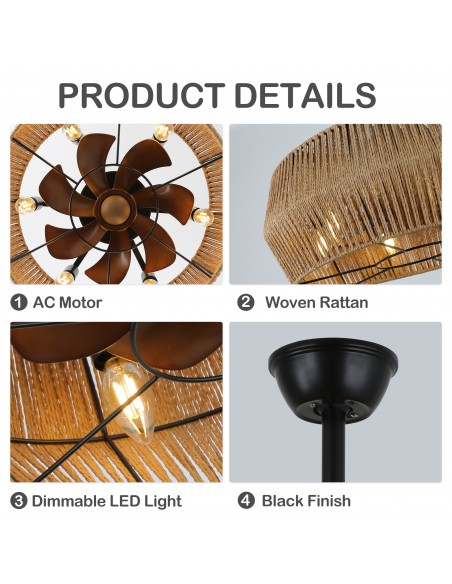 Oaks Aura 18" Rattan Hemp Drum Style Boho Caged Ceiling Fan with Lights and Remote Control