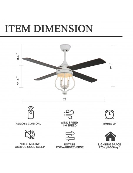 Oaks Aura 52” 4-Blade Reversible Ceiling Fan with Remote Control and Light Kit Included