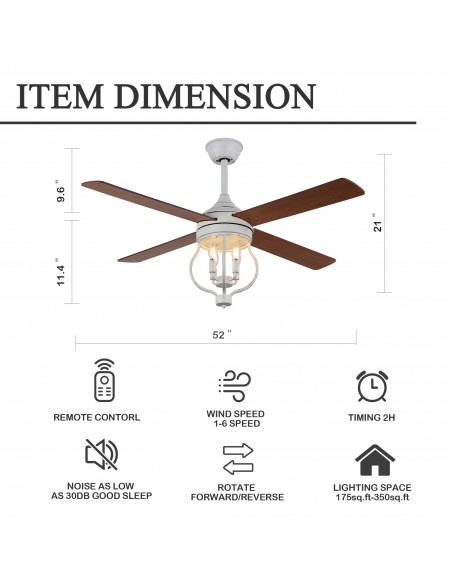 Oaks Aura 52” 4-Blade Reversible Ceiling Fan with Remote Control and Light Kit Included