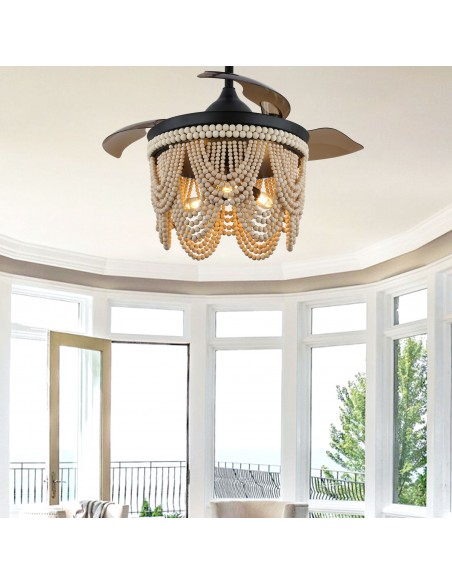 Oaks Aura 42” Farmhouse 3-Light Bohemia Wood Bead Ceiling Fan with Lights and Remote Control