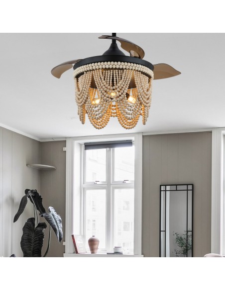 Oaks Aura 42” Farmhouse 3-Light Bohemia Wood Bead Ceiling Fan with Lights and Remote Control