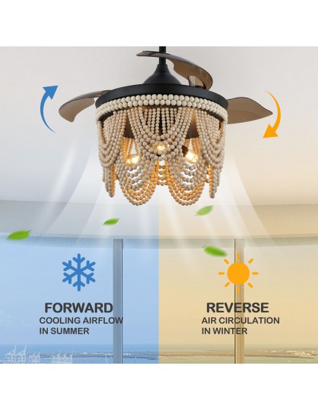 Oaks Aura 42” Farmhouse 3-Light Bohemia Wood Bead Ceiling Fan with Lights and Remote Control