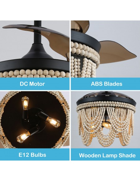 Oaks Aura 42” Farmhouse 3-Light Bohemia Wood Bead Ceiling Fan with Lights and Remote Control