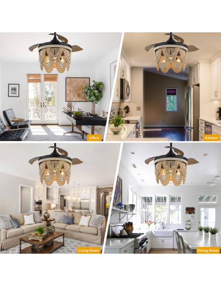 Oaks Aura 42” Farmhouse 3-Light Bohemia Wood Bead Ceiling Fan with Lights and Remote Control