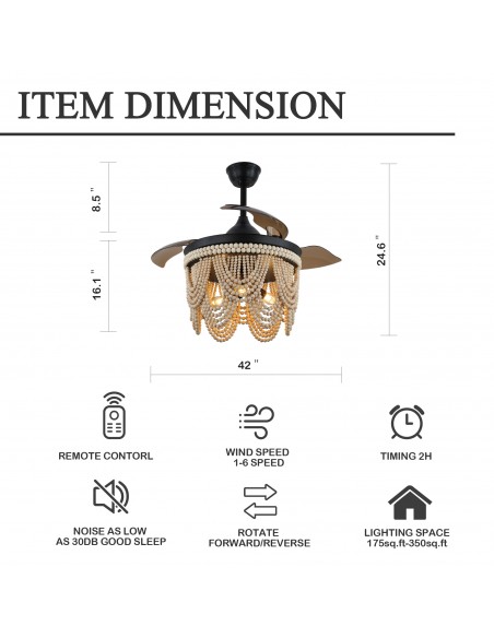 Oaks Aura 42” Farmhouse 3-Light Bohemia Wood Bead Ceiling Fan with Lights and Remote Control
