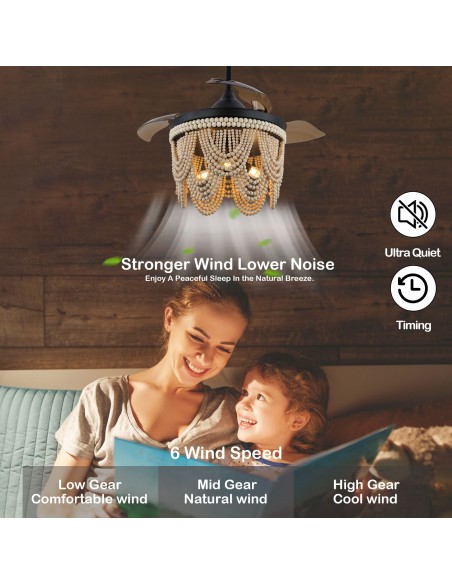 Oaks Aura 42” Farmhouse 3-Light Bohemia Wood Bead Ceiling Fan with Lights and Remote Control