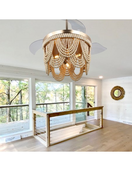 Oaks Aura 42” Farmhouse 3-Light Bohemia Wood Bead Ceiling Fan with Lights and Remote Control