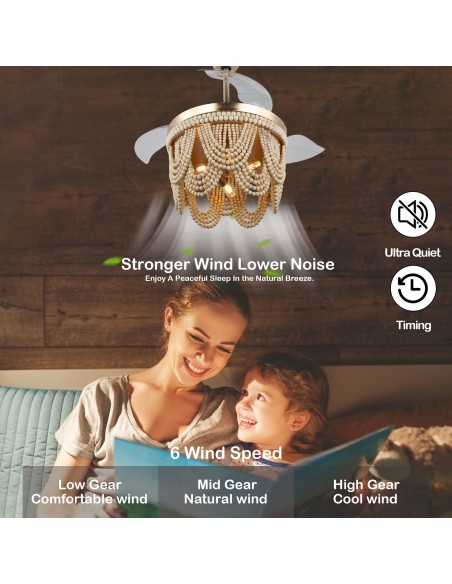 Oaks Aura 42” Farmhouse 3-Light Bohemia Wood Bead Ceiling Fan with Lights and Remote Control