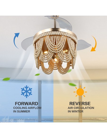 Oaks Aura 42” Farmhouse 3-Light Bohemia Wood Bead Ceiling Fan with Lights and Remote Control