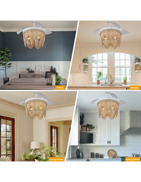 Oaks Aura 42” Farmhouse 3-Light Bohemia Wood Bead Ceiling Fan with Lights and Remote Control