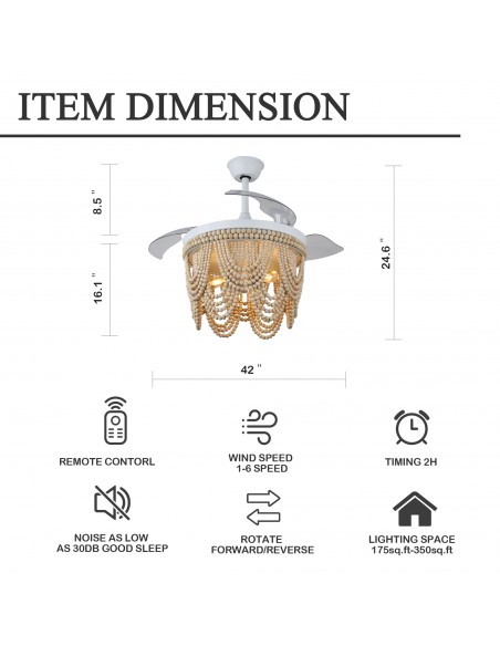 Oaks Aura 42” Farmhouse 3-Light Bohemia Wood Bead Ceiling Fan with Lights and Remote Control