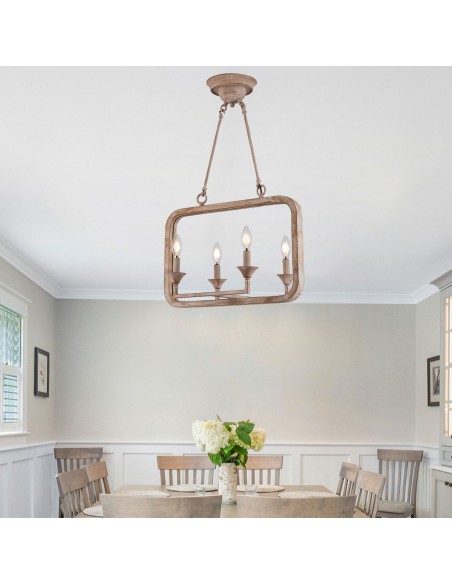 Oaks Aura Rustic Wood Finish Adjustable 4-Light Chandelier for Living Room, Bedroom