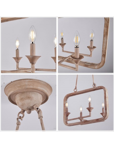 Oaks Aura Rustic Wood Finish Adjustable 4-Light Chandelier for Living Room, Bedroom