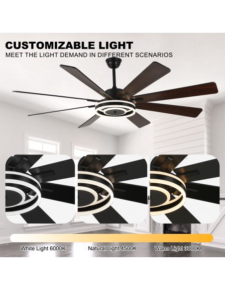 Oaks Aura 72" Smart Black Ceiling Fan with LED Light Kit & Remote, 6-Speed Quiet DC Motor, 3-Color Temperature