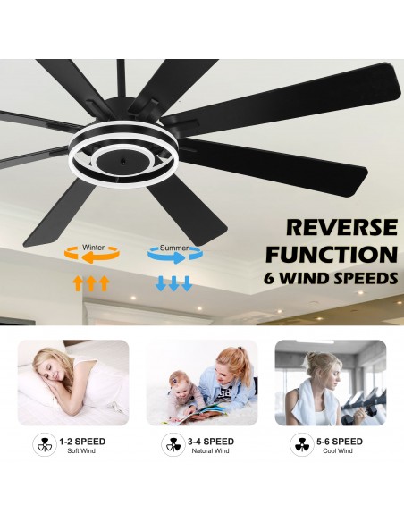 Oaks Aura 72" Smart Black Ceiling Fan with LED Light Kit & Remote, 6-Speed Quiet DC Motor, 3-Color Temperature