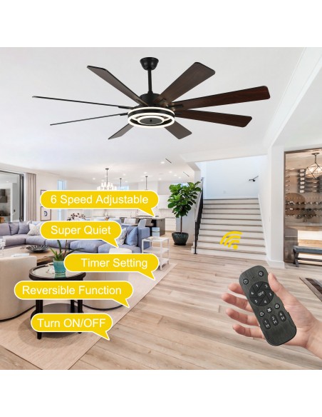 Oaks Aura 72" Smart Black Ceiling Fan with LED Light Kit & Remote, 6-Speed Quiet DC Motor, 3-Color Temperature