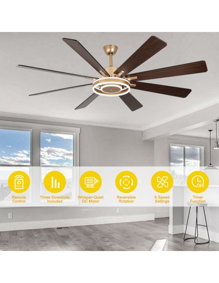 Oaks Aura 72" Smart Black Ceiling Fan with LED Light Kit & Remote, 6-Speed Quiet DC Motor, 3-Color Temperature