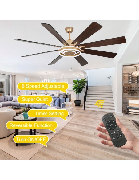 Oaks Aura 72" Smart Black Ceiling Fan with LED Light Kit & Remote, 6-Speed Quiet DC Motor, 3-Color Temperature