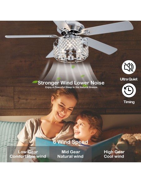 Oaks Aura 52” Reversible Crystal Ceiling Fan Remote 6-Speed DC Motor Ceiling Lighting