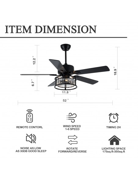 Oaks Aura 52” Reversible Crystal Ceiling Fan Remote 6-Speed DC Motor Ceiling Lighting