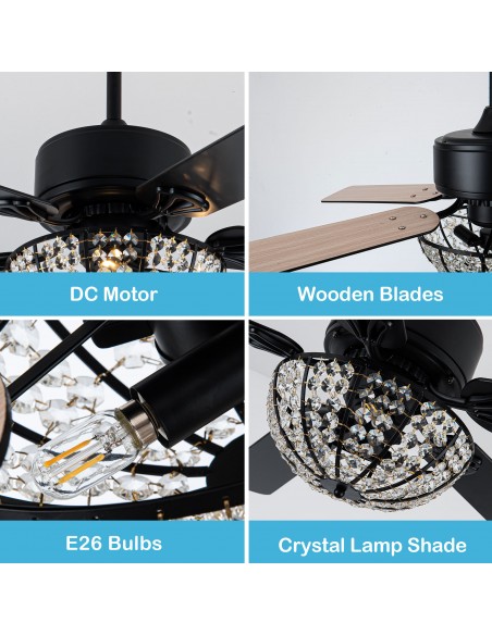 Oaks Aura 52” Reversible Crystal Ceiling Fan Remote 6-Speed DC Motor Ceiling Lighting