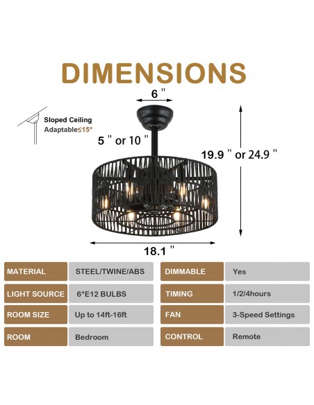 Oaks Aura Oaks Aura 18" Caged  Woven Rattan Ceiling Fan with Lights and Remote Control