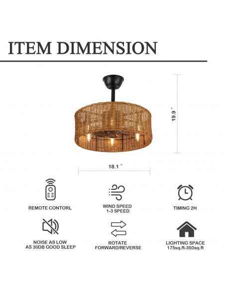 Oaks Aura 18" Wicker Ceiling Fan with Lights and Remote Control, Quiet DC Motor, 6-Speed and Timer