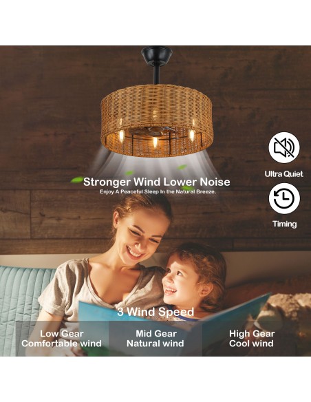 Oaks Aura 18" Wicker Ceiling Fan with Lights and Remote Control, Quiet DC Motor, 6-Speed and Timer