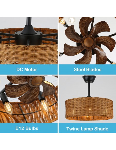Oaks Aura 18" Wicker Ceiling Fan with Lights and Remote Control, Quiet DC Motor, 6-Speed and Timer