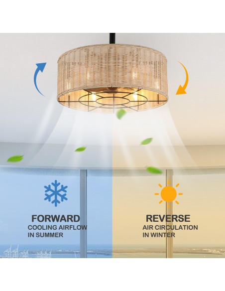 Oaks Aura 18" Boho Caged Woven Rattan Ceiling Fan Farmhouse Retro Ceiling Fan with Lights and Remote Control.