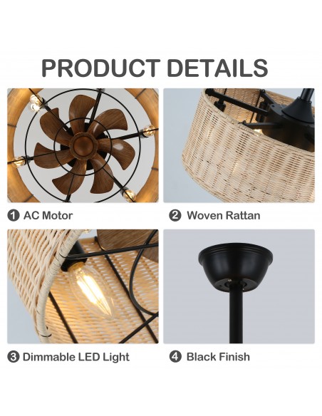 Oaks Aura 18" Boho Caged Woven Rattan Ceiling Fan Farmhouse Retro Ceiling Fan with Lights and Remote Control.