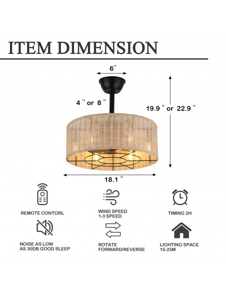 Oaks Aura 18" Boho Caged Woven Rattan Ceiling Fan Farmhouse Retro Ceiling Fan with Lights and Remote Control.