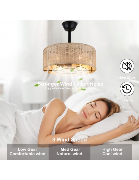 Oaks Aura 18" Boho Caged Woven Rattan Ceiling Fan Farmhouse Retro Ceiling Fan with Lights and Remote Control.