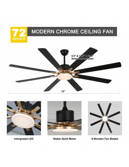 Oaks Aura 72" 8-Blade Reversible Ceiling Fan with LED Lights and Remote Control, 6-Speed, Timer Setting Quiet DC Motor