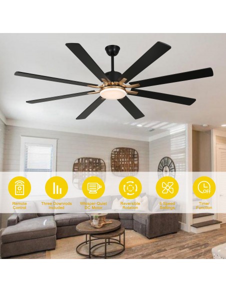 Oaks Aura 72" 8-Blade Reversible Ceiling Fan with LED Lights and Remote Control, 6-Speed, Timer Setting Quiet DC Motor