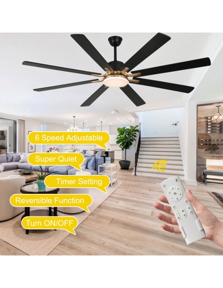 Oaks Aura 72" 8-Blade Reversible Ceiling Fan with LED Lights and Remote Control, 6-Speed, Timer Setting Quiet DC Motor