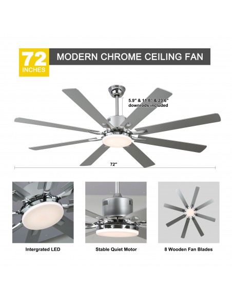 Oaks Aura 72" 8-Blade Reversible Ceiling Fan with LED Lights and Remote Control, 6-Speed, Timer Setting Quiet DC Motor