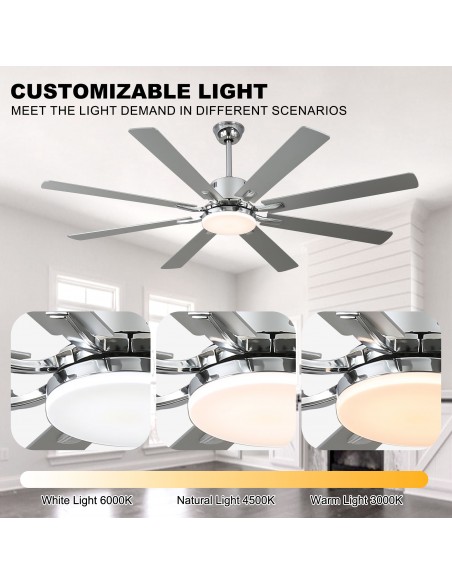 Oaks Aura 72" 8-Blade Reversible Ceiling Fan with LED Lights and Remote Control, 6-Speed, Timer Setting Quiet DC Motor