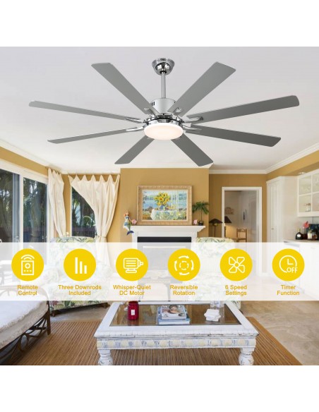 Oaks Aura 72" 8-Blade Reversible Ceiling Fan with LED Lights and Remote Control, 6-Speed, Timer Setting Quiet DC Motor