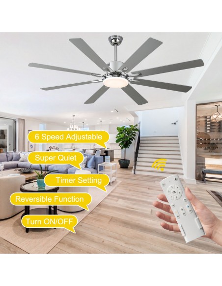 Oaks Aura 72" 8-Blade Reversible Ceiling Fan with LED Lights and Remote Control, 6-Speed, Timer Setting Quiet DC Motor