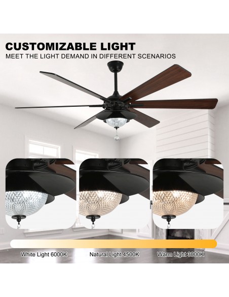 Oaks Aura 72" Large 6-Blade Modern Ceiling Fan with LED Lights and Remote 6-Speed, 3-Color, Reversible DC Motor