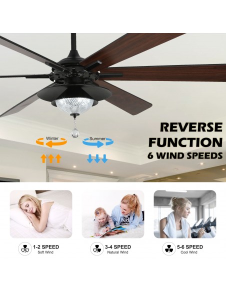 Oaks Aura 72" Large 6-Blade Modern Ceiling Fan with LED Lights and Remote 6-Speed, 3-Color, Reversible DC Motor