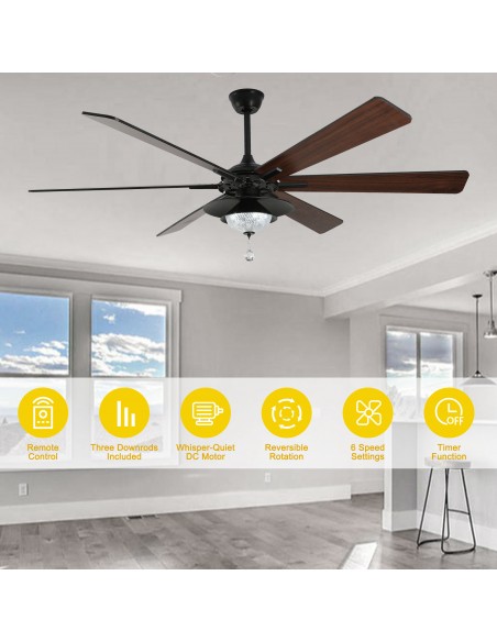 Oaks Aura 72" Large 6-Blade Modern Ceiling Fan with LED Lights and Remote 6-Speed, 3-Color, Reversible DC Motor