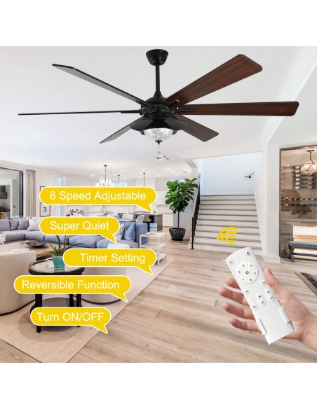 Oaks Aura 72" Large 6-Blade Modern Ceiling Fan with LED Lights and Remote 6-Speed, 3-Color, Reversible DC Motor