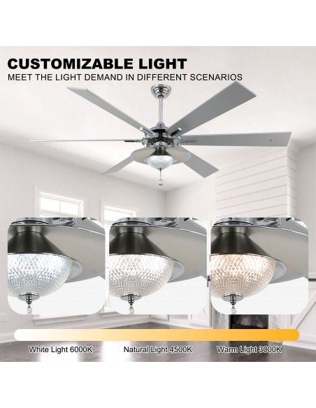 Oaks Aura 72" Large 6-Blade Modern Ceiling Fan with LED Lights and Remote 6-Speed, 3-Color, Reversible DC Motor