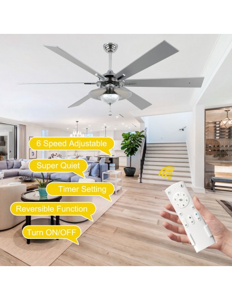 Oaks Aura 72" Large 6-Blade Modern Ceiling Fan with LED Lights and Remote 6-Speed, 3-Color, Reversible DC Motor