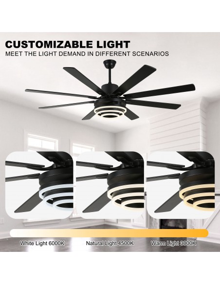 Oaks Aura 72” 8-Blade DIY Shape Reversible Ceiling Fan with LED lights and Remote Control, 6-Speed, Timer Setting Quiet DC Motor