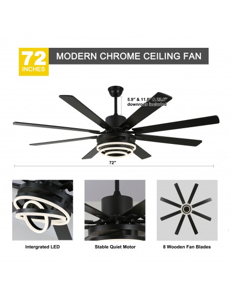 Oaks Aura 72” 8-Blade DIY Shape Reversible Ceiling Fan with LED lights and Remote Control, 6-Speed, Timer Setting Quiet DC Motor